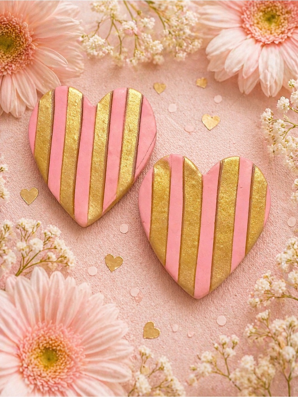 Pink and Gold Heart Stripe Handmade Polymer Clay Earrings